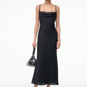 EVANGELINE SILK MIDI DRESS BLACK